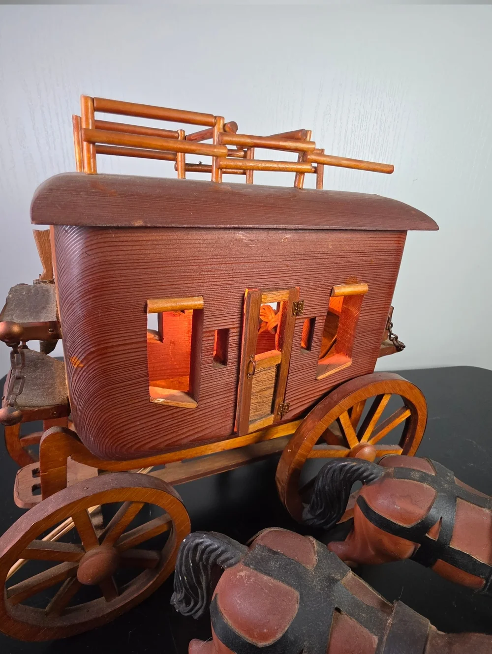 Wooden Stagecoach and Pair of Horses - Brown and Black